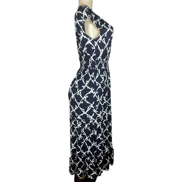 Croft & Barrow M Navy Print Shirred Scoop Neck Ruffle Tier Cap Sleeve Maxi Dress - Picture 3 of 6